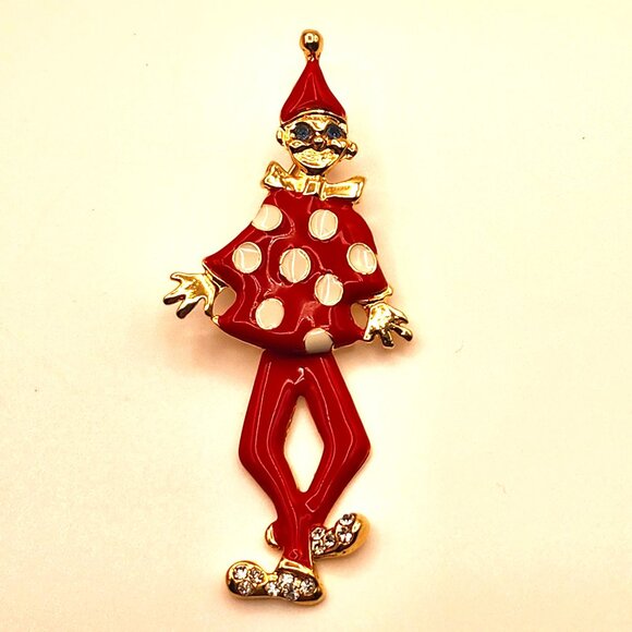 VINTAGE Clown Articulated Red & White Enamel Rhinestones Gold Tone Brooch Pin - Picture 1 of 6